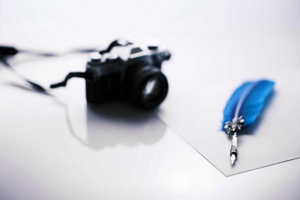 camera, quill, paper, feather, blue feather, silver quill, writing, news, journalism, pen, report, quill, quill, quill, quill, quill, blue feather