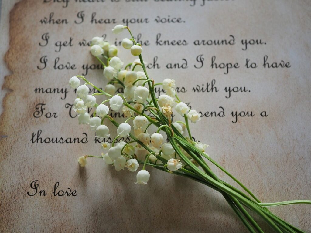 letter, flowers, lily of the valley, romance, handwriting, love, happiness, tender, paper, poetry, friend, valentine's day, flower background, heart, dedicated to love, flower wallpaper, nature, tenderness, letters, writing, beautiful flowers, calligraphy, label