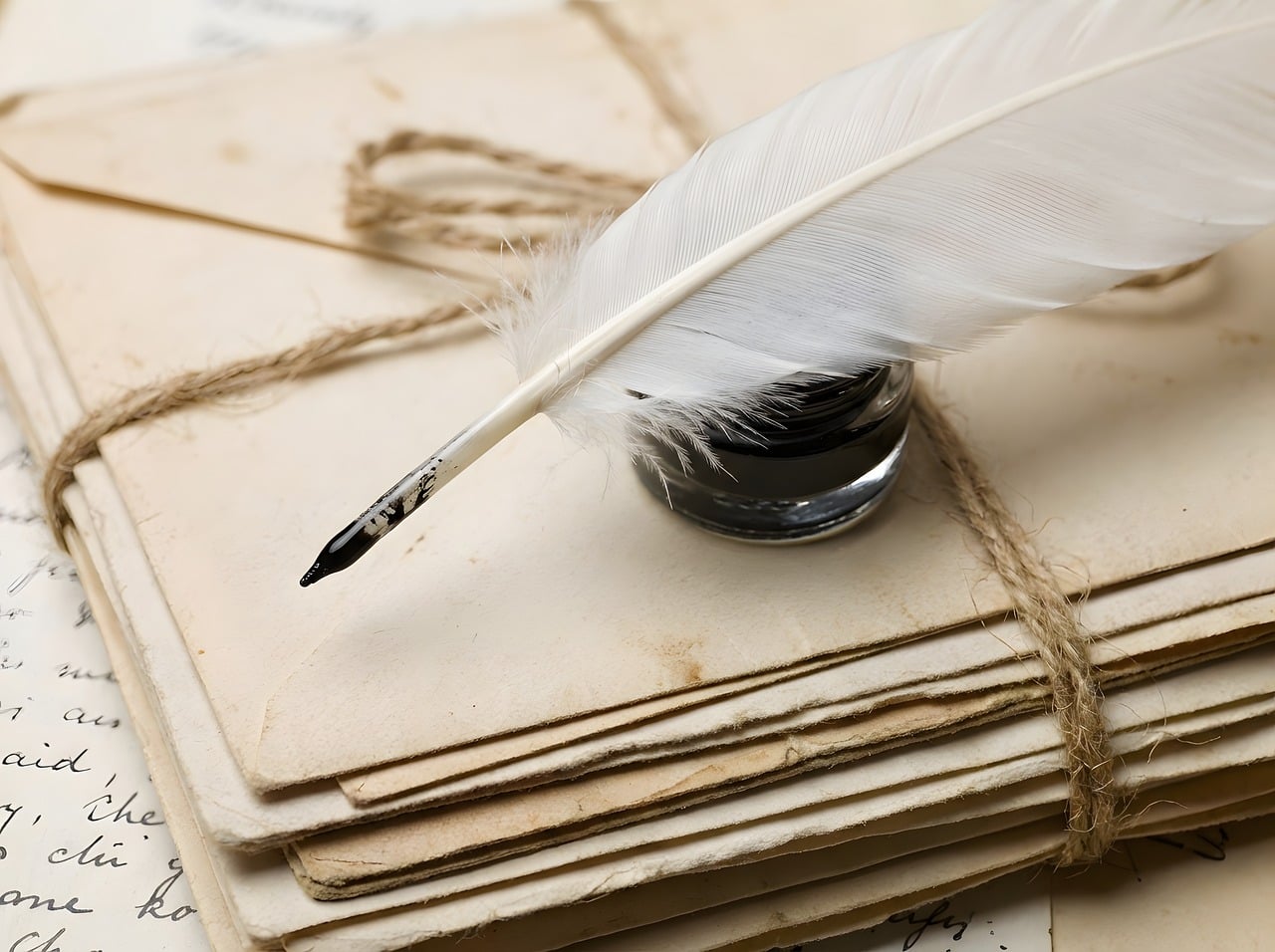 quill, ink, letter, paper, writing, vintage, retro, envelope, bundle, string, handwritten, history, calligraphy, post, communication, art, graphics, rustic, old world style, ai generated