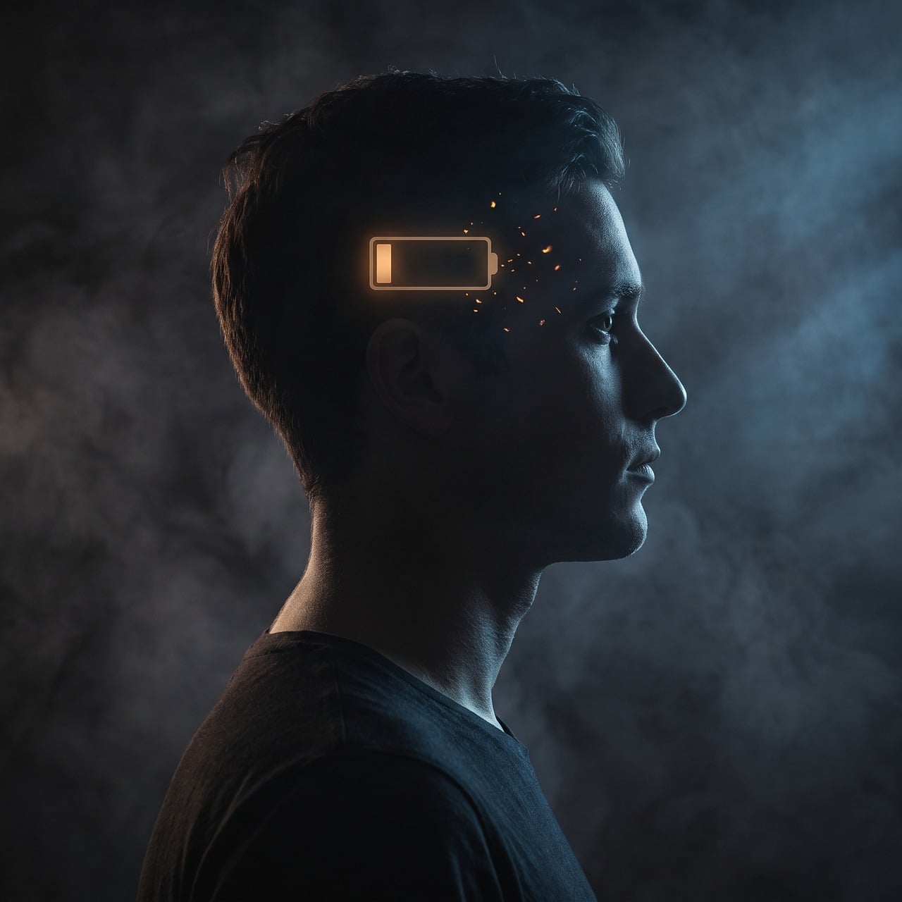 battery, energy, tiredness, brain, energy drain, stress, health, technology, digitalization, psychology, technique, silhouette, portrait, healthcare, intelligence, concept, emotion, healthy living, modern, concentration