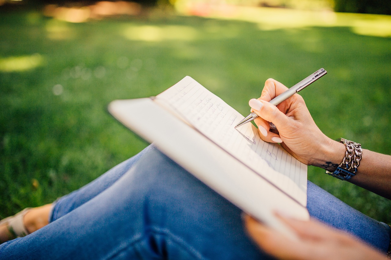 writing, writer, notes, pen, notebook, book, girl, woman, people, nature, hands, grass, outdoors