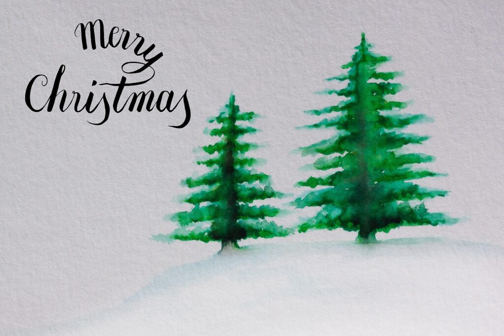 christmas, map, fir tree, green, snow, watercolor, nature, painted, handmade, pigments, hand lettering, brush script, typography