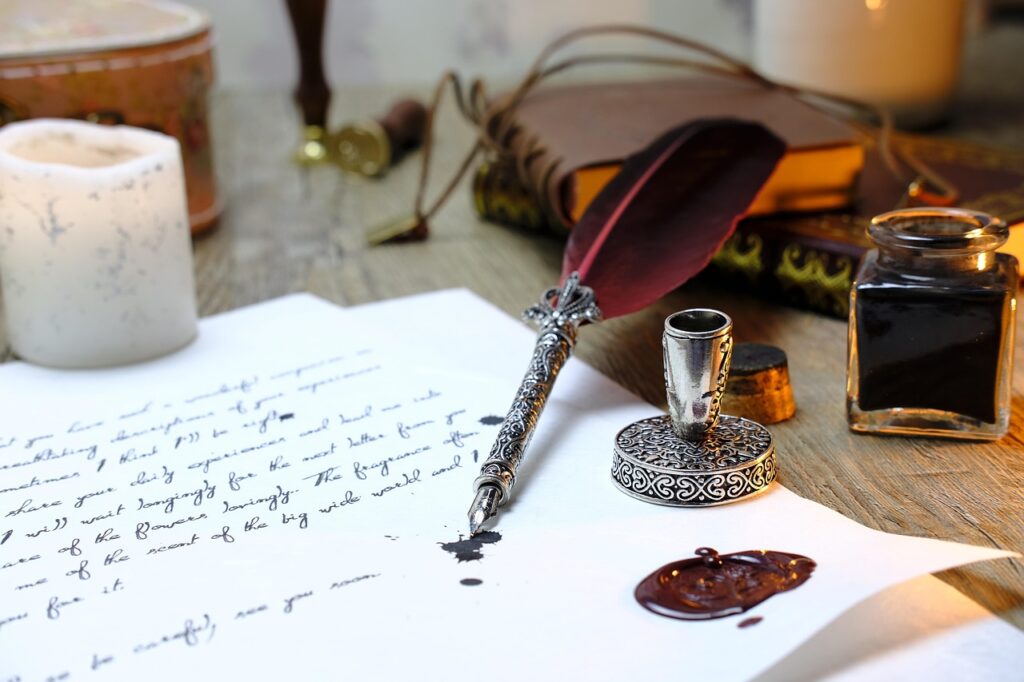 feather, write, communicate, communication, nature, letter, fountain pen, pen, writing implement, ink, inkwell, seal, sealed, leaf, paper