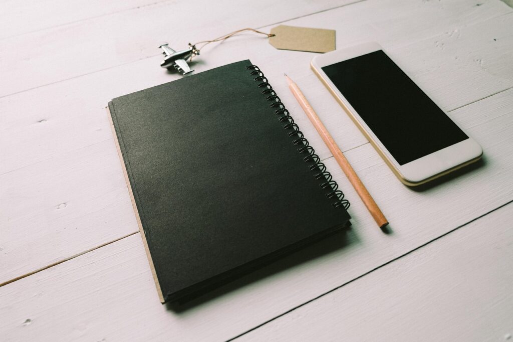 black, notebook, pencil, mobile, phone, technology, touchscreen, table