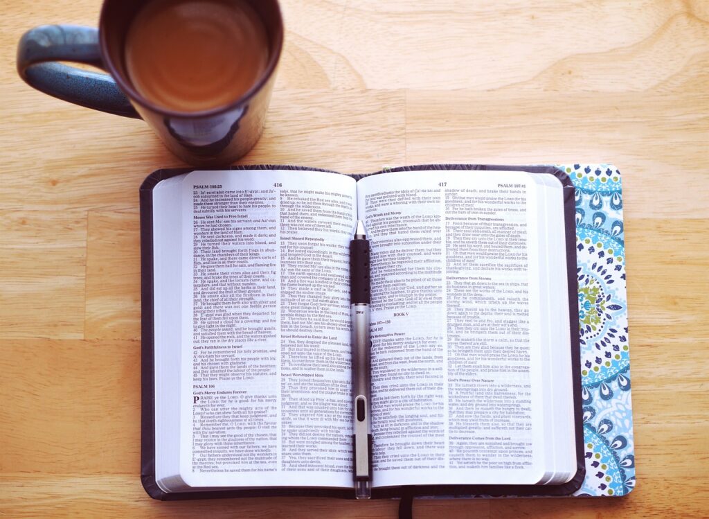 book, bible, religion, reading, study, learning, education, coffee cup, pen, coffee, cup