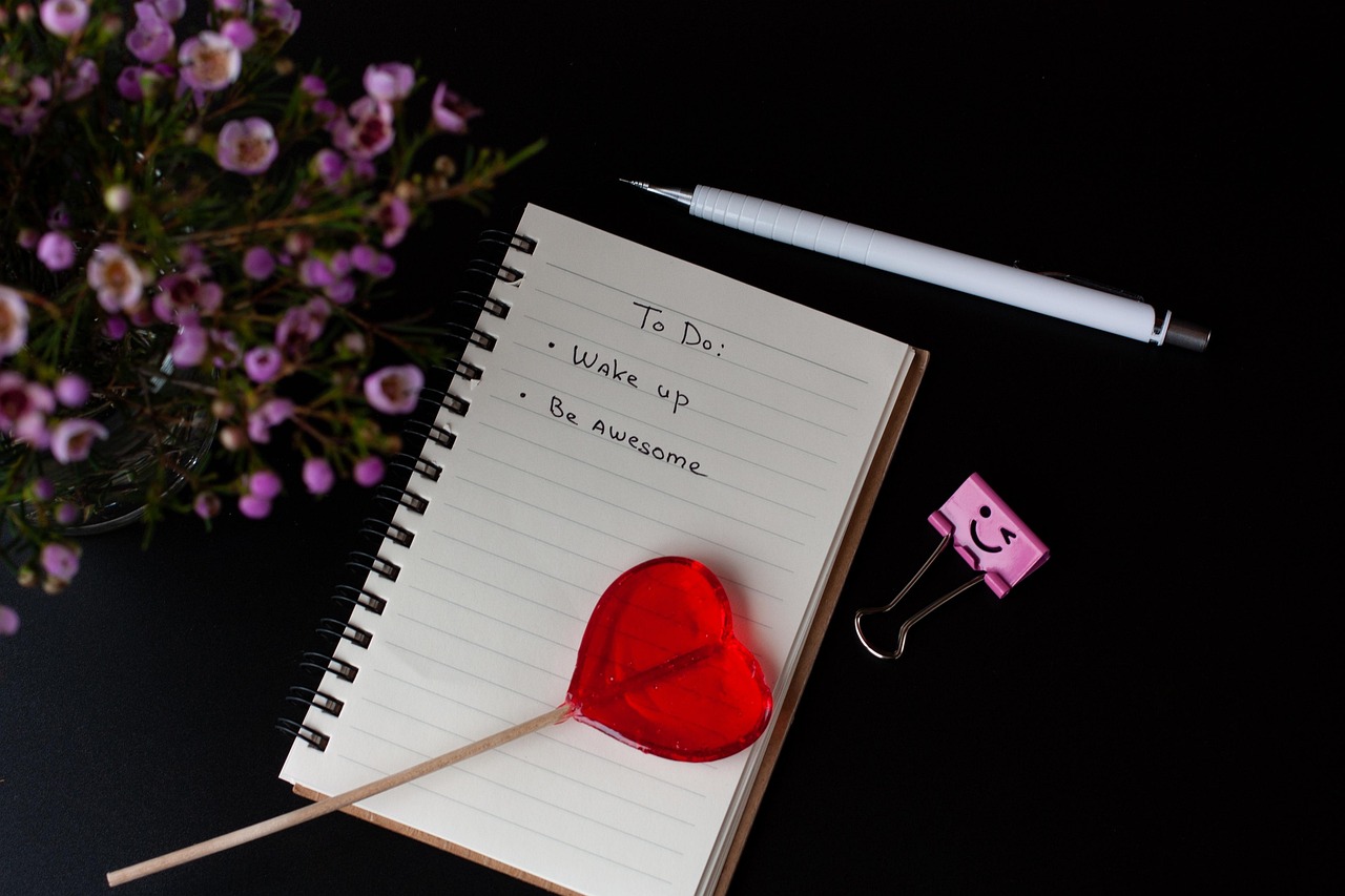 love, lollipop, flowers, notebook, flower background, flower wallpaper, black background, a heart, sweet, red, beautiful flowers, to do list, nature, pen