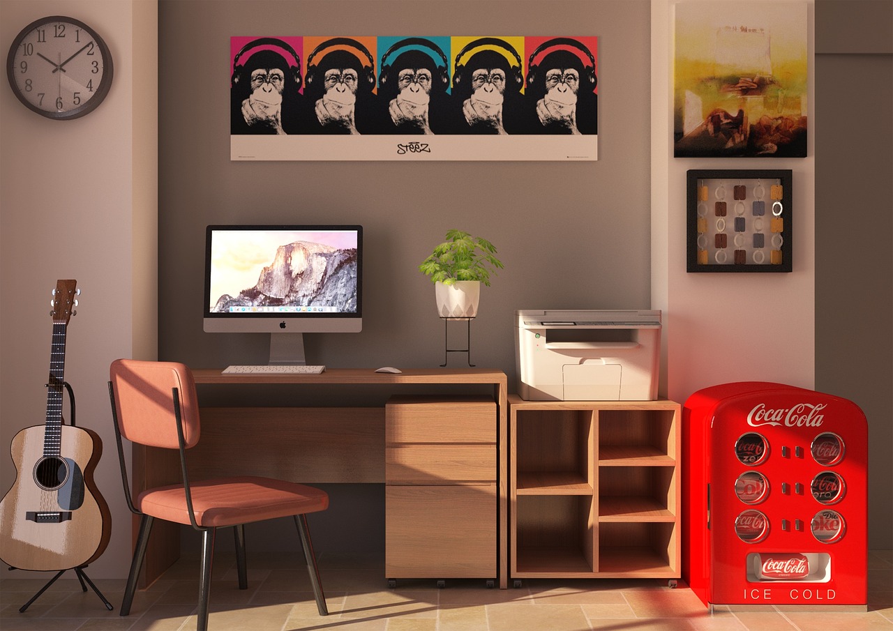 interior, furniture, nature, chair, desk, clock, guitar, imac, printer, plant, brown clock, brown guitar, brown desk, brown interior