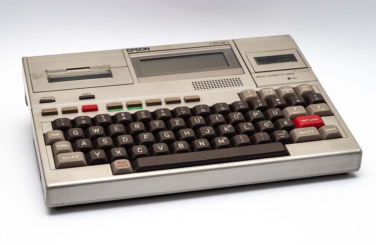 notebook, laptop, computer, office, technology, write, design, calculator, vintage, retro, epson, mini, portable, cassette, printer